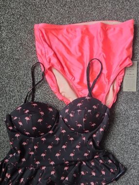 Albion Women's Black Flamingo Print Swim Top with Neon Pink Bottoms